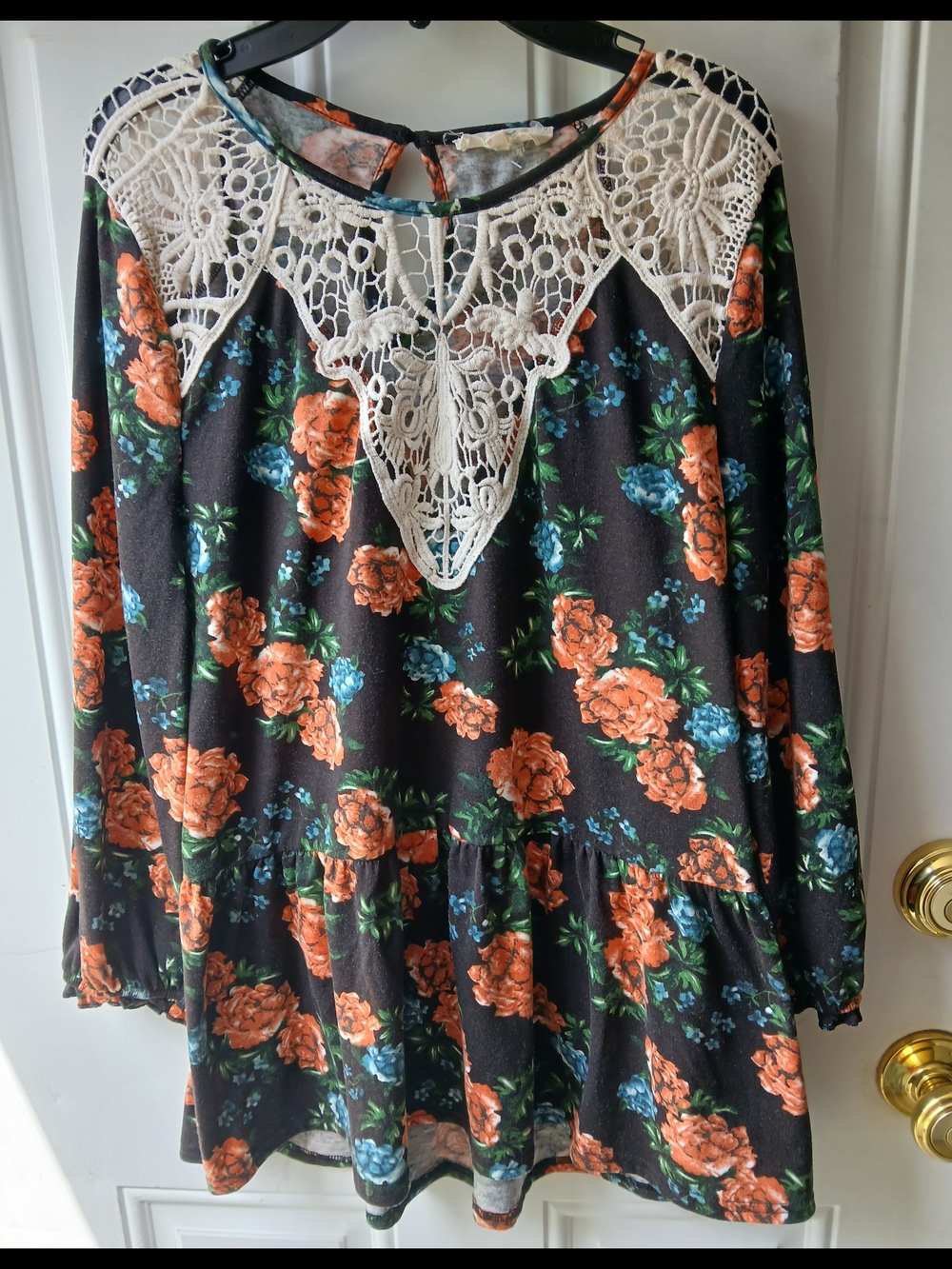 entro Black Top with Orange & Teal Floral Print and Cream Crochet Yoke